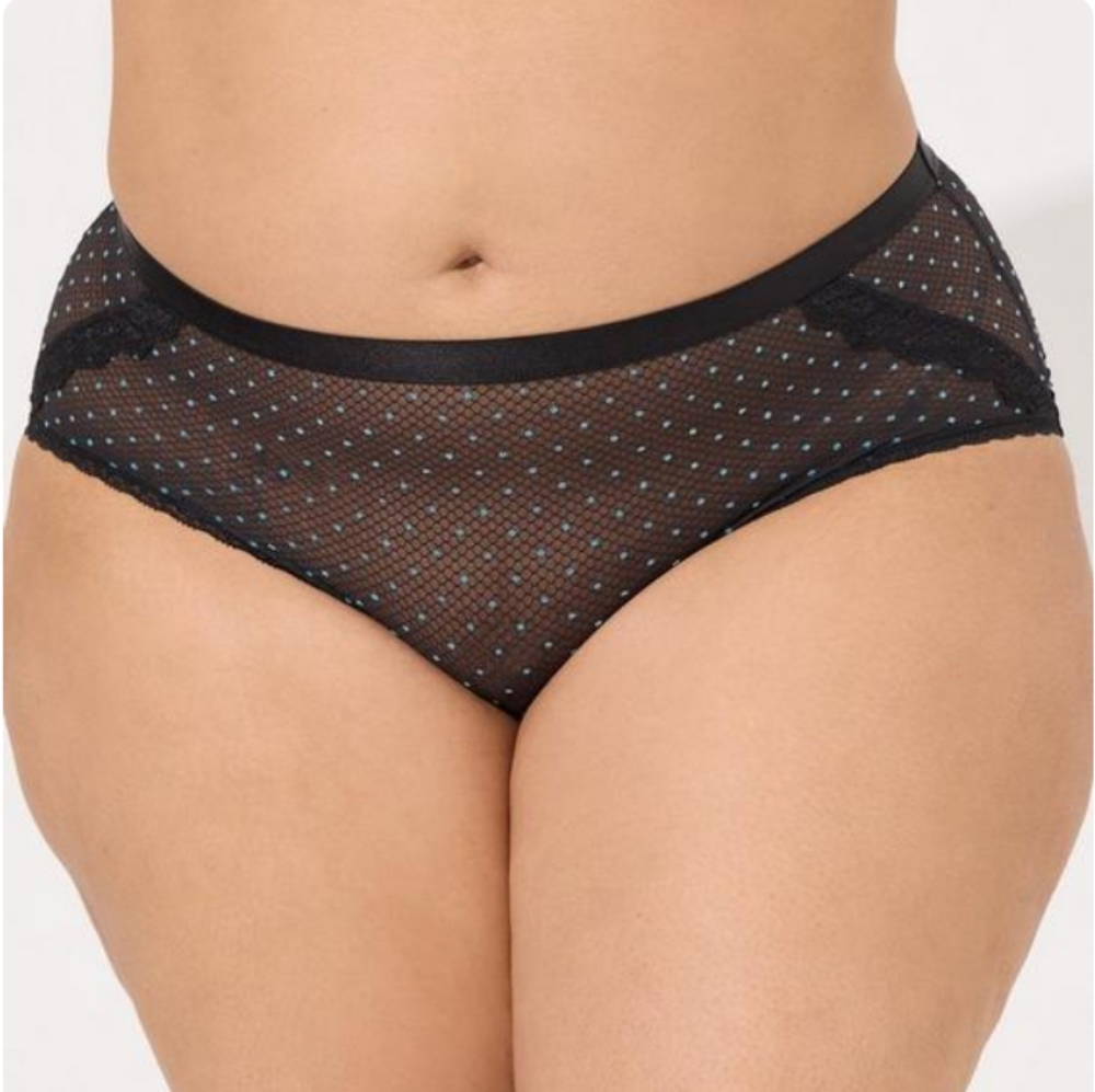New Torrid 5X(28W) Dot Mesh Mid Rise Cheeky Panty- Corydalis Blue And Black NWT